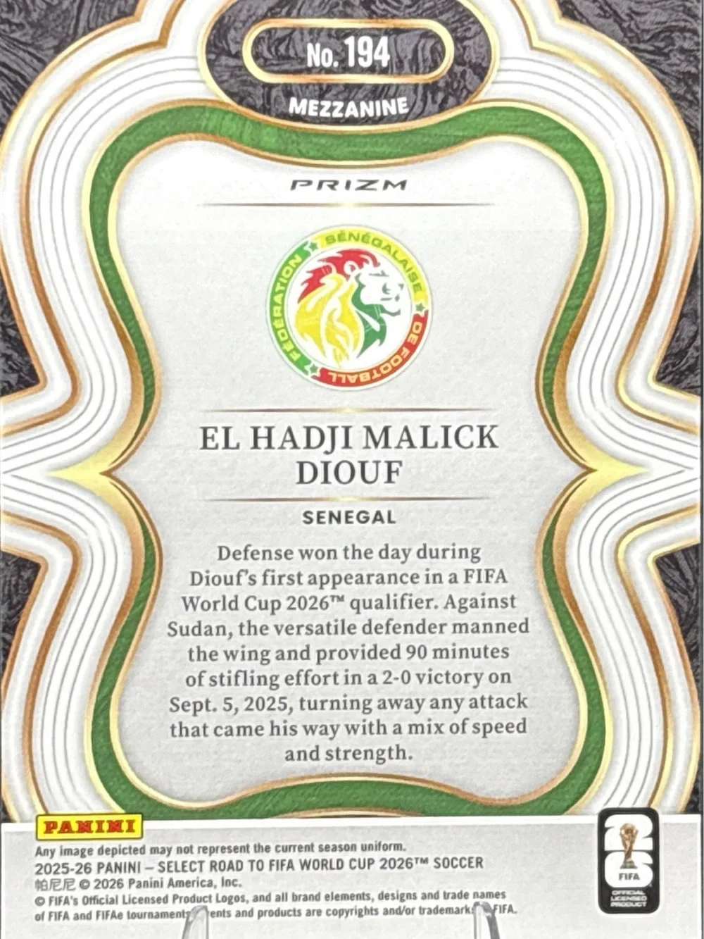 El Hadji Malick Diouf FIFA World Cup 2026 Soccer Trading Card - Mezzanine Prizm